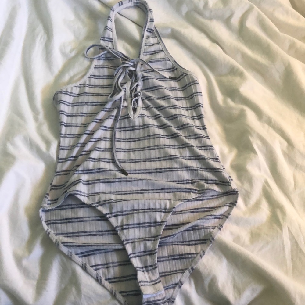 Halter white & blue striped bodysuit ***never worn